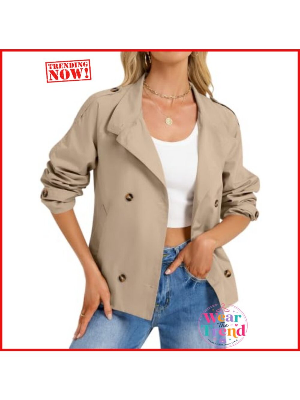 Women's Cropped Trench Coat Double Breasted Belted Casual Jacket